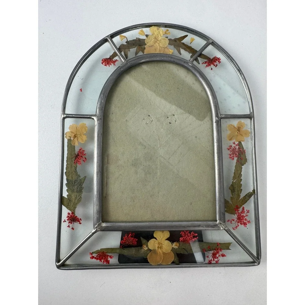 Vintage Pressed Flower Stained Glass Arched Picture Frame Cathedral Boho Decor